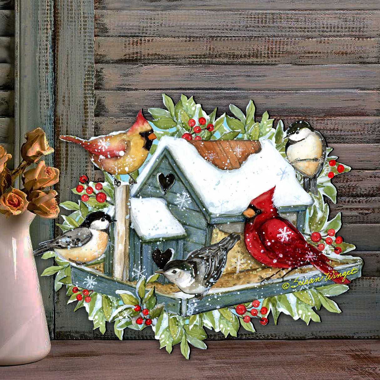 Front Door Winter Cardinals Birdhouse Decor - Christmas Welcome by Susan Winget - Handmade Gift Product Code 8471115-2H-SW