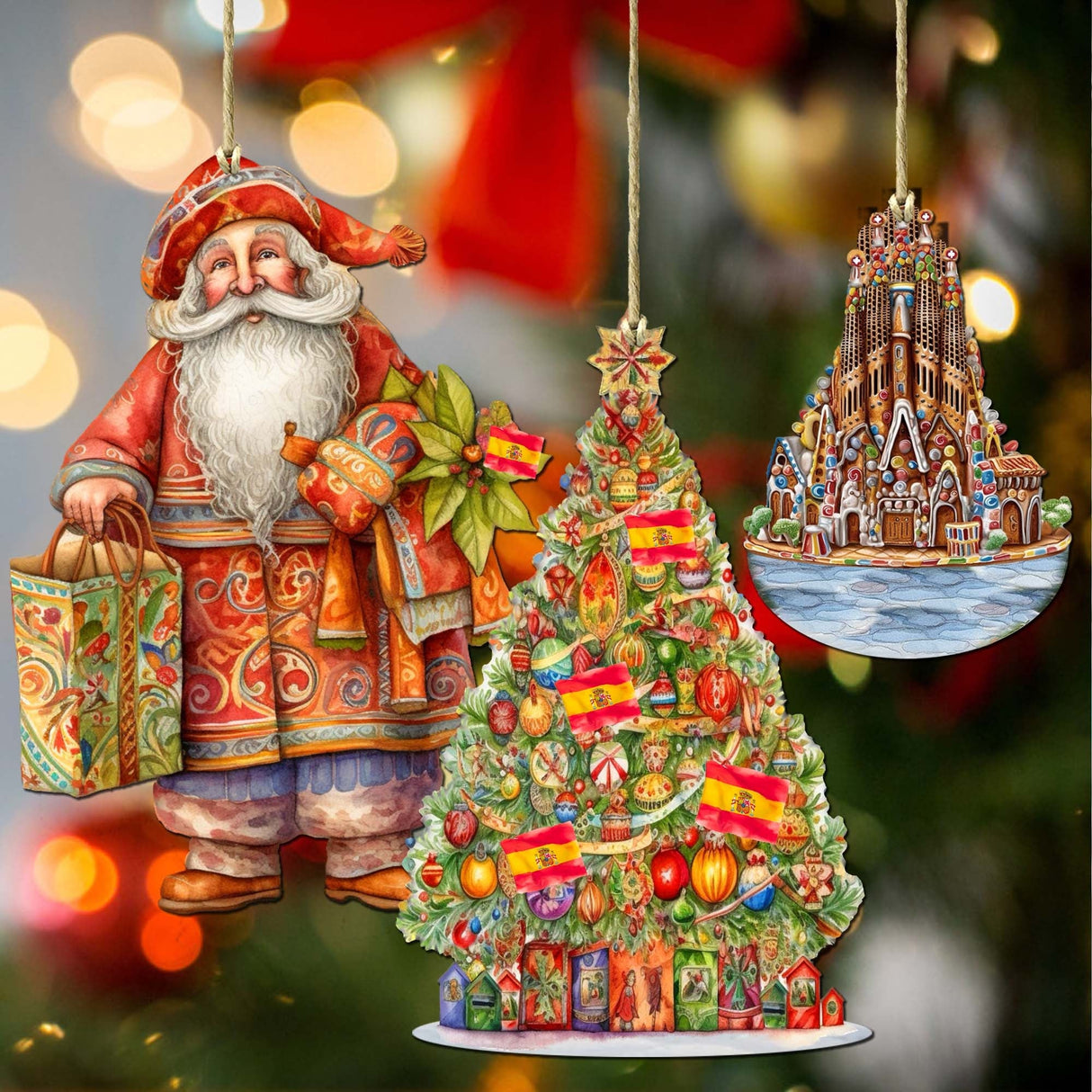 Papá Noel de todo el mundo - Papá Noel de inspiración española - Juego de 3 adornos de madera de G. DeBrekht - Decoración navideña de Papá Noel y muñeco de nieve - 8091305S3