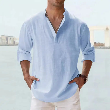Men's Linen Stand-up Collar Long Sleeve T-shirt Loose Undershirt - Lootquake