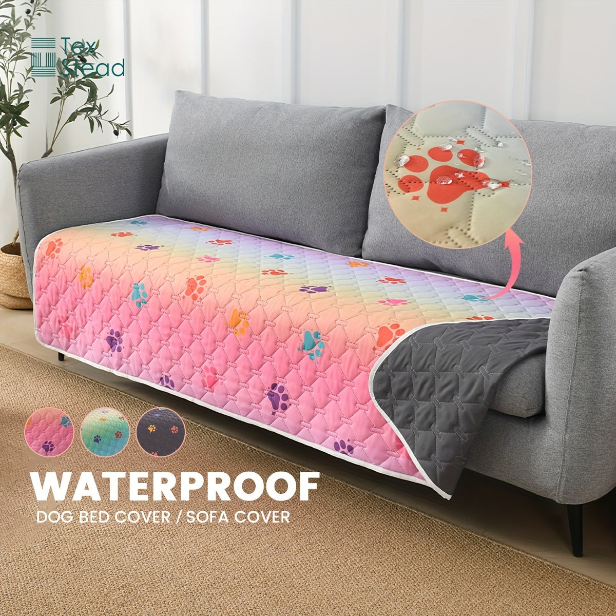 Ultimate Reversible Dog Bed Cover - Waterproof, Washable, Reusable Camping Mat with Geometric Embroidery Blanket, Rainbow Dog Paw Design, Easy to Clean and Durable for Indoor and Outdoor Use
