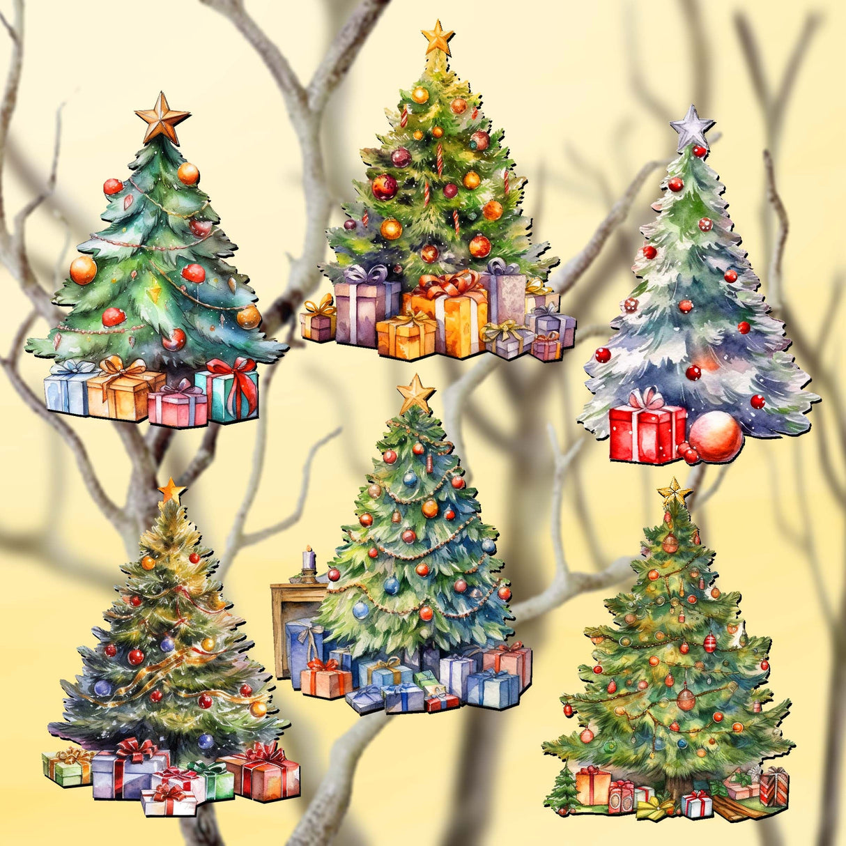 Christmas Tree Decorative Wooden Clip-on Ornaments Set of 6 by G. Debrekht - Christmas Decor - 8090044C-S6