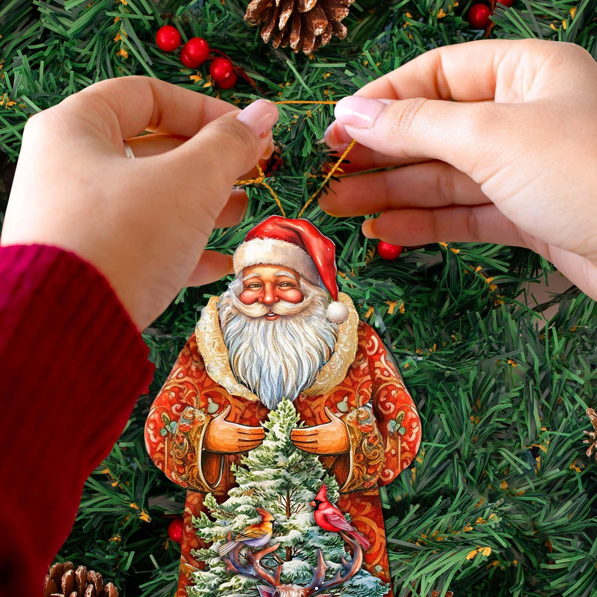 Adornos de madera de Papá Noel con amigos del bosque de G. Debrekht - Decoración navideña de Papá Noel y muñeco de nieve - 8691409