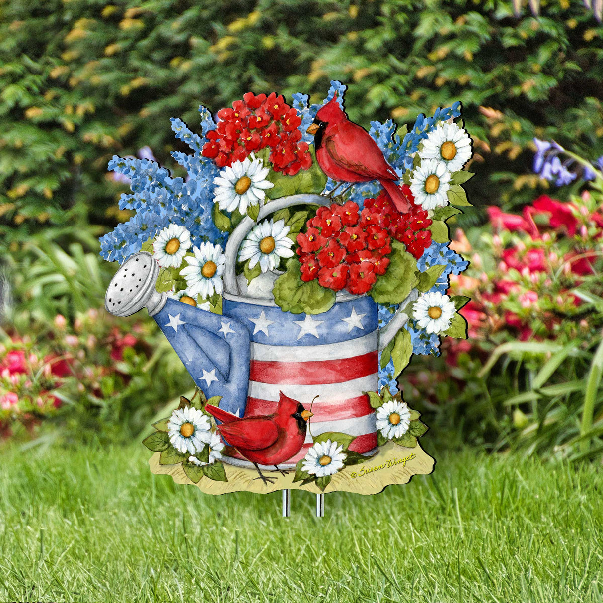 Patriotic Outdoor Garden Decor - American Watering Can Stakes - Front Yard Red and Blue Pot - Flowerpot Sign by Susan Winget - Handmade Gift - Rustic Adornment - 8471212M-SW