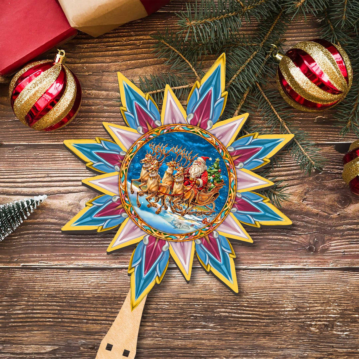 Santa on the Sleigh Star Tree Topper Wooden Decor by G. Debrekht - Santa Snowman Decor - 89516