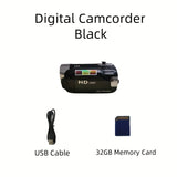 1080P Portable Digital Camcorder, Rotate Screen Digital Camera With Rechargeable Battery And 32G Memory Card Support Selfie, Suitable For Travel Photograph And Friend Gathering And Growth Recording