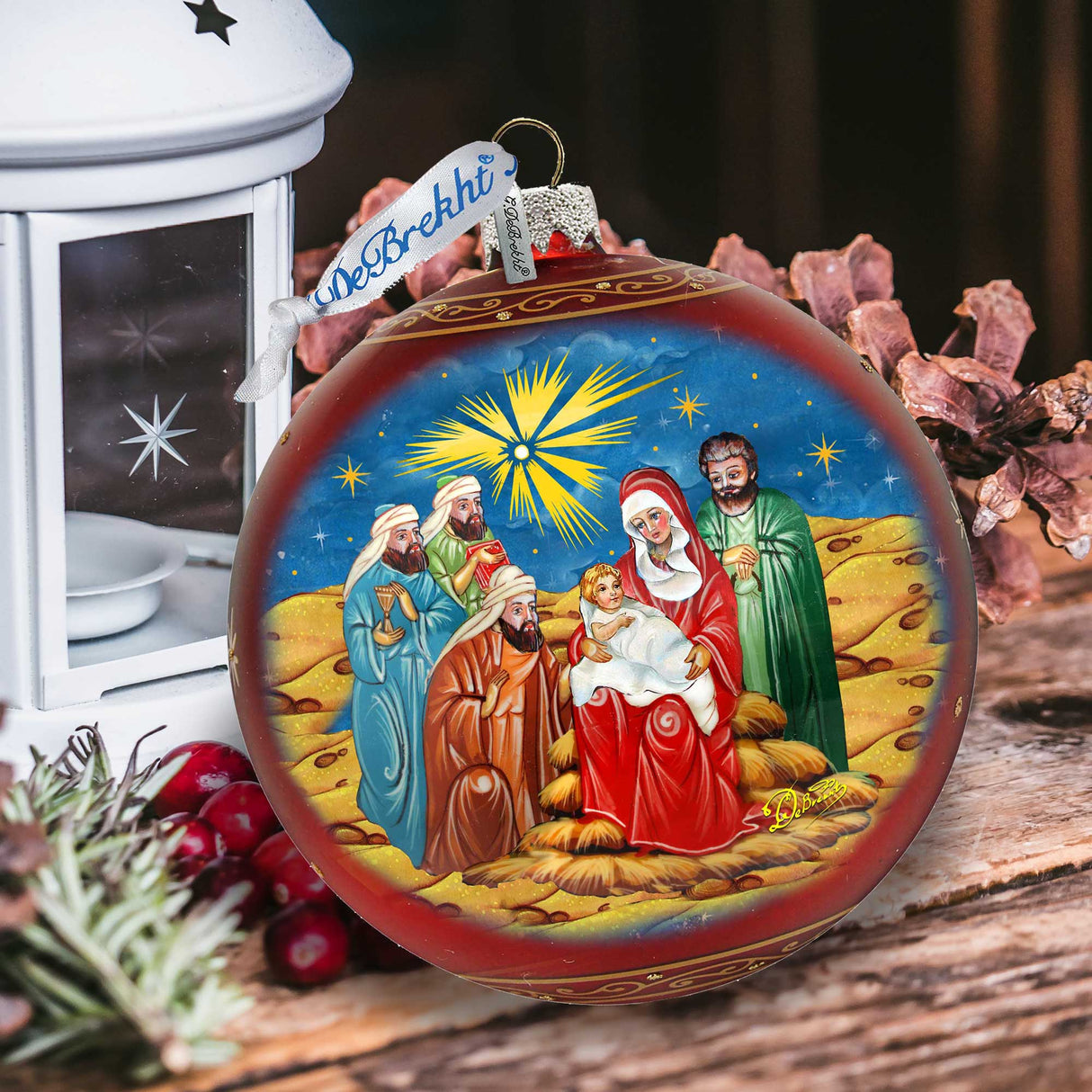 Adorno de cristal grande de la Sagrada Familia y los Reyes Magos en rojo de G.DeBrekht - Decoración navideña - 73920R