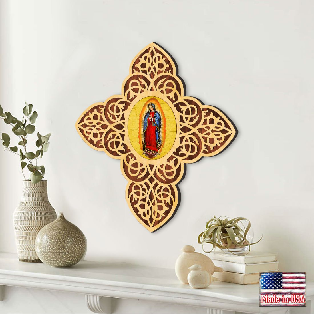 Cruz de madera de filigrana de la Virgen de Guadalupe de Museum Icons - Decoración inspiradora de iconos - 88432