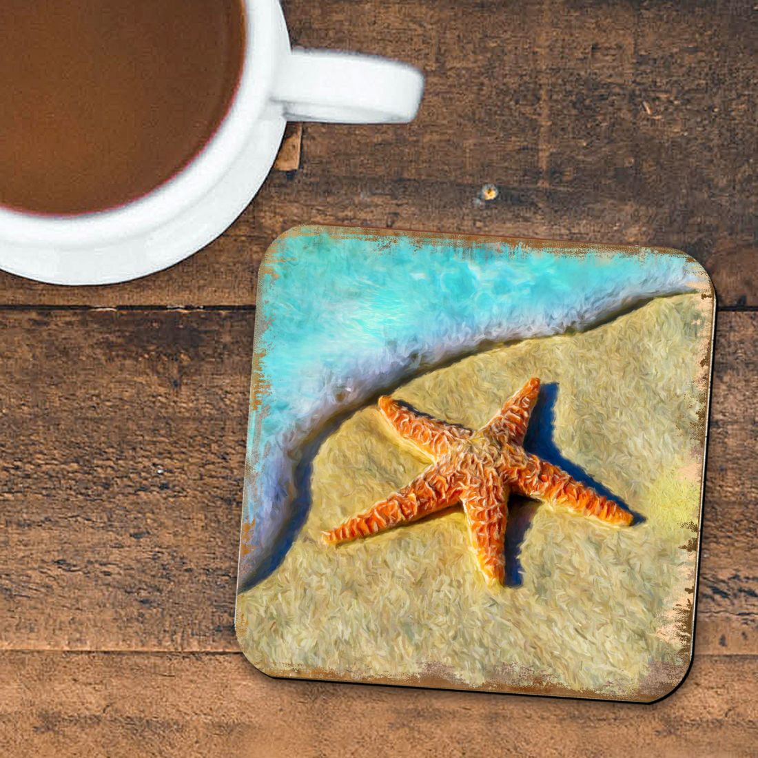 Posavasos de corcho de madera con diseño de estrellas de mar de Nature Wonders (juego de 4) - Decoración costera con temática marina - 95253C-S4