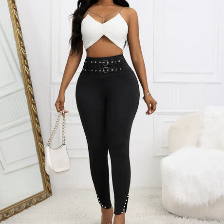 Ladies' Solid Color Casual Style Tight Fitting High Waist Slim Fit Slit Detail Pants Waist Ring Fake Belt Design Sense Tapered Pants - Lootquake