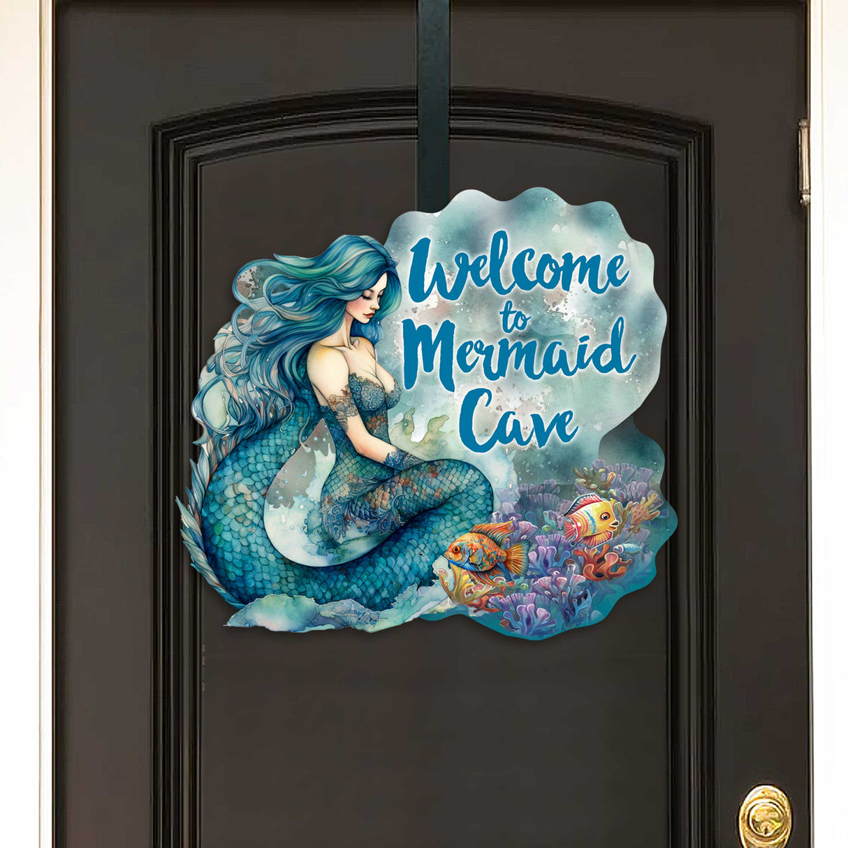 Bienvenido a Mermaid Cave - Letrero de bienvenida para puerta de entrada Pancarta de entrada principal Letrero de bienvenida - Decoración de porche delantero de madera - 933112H