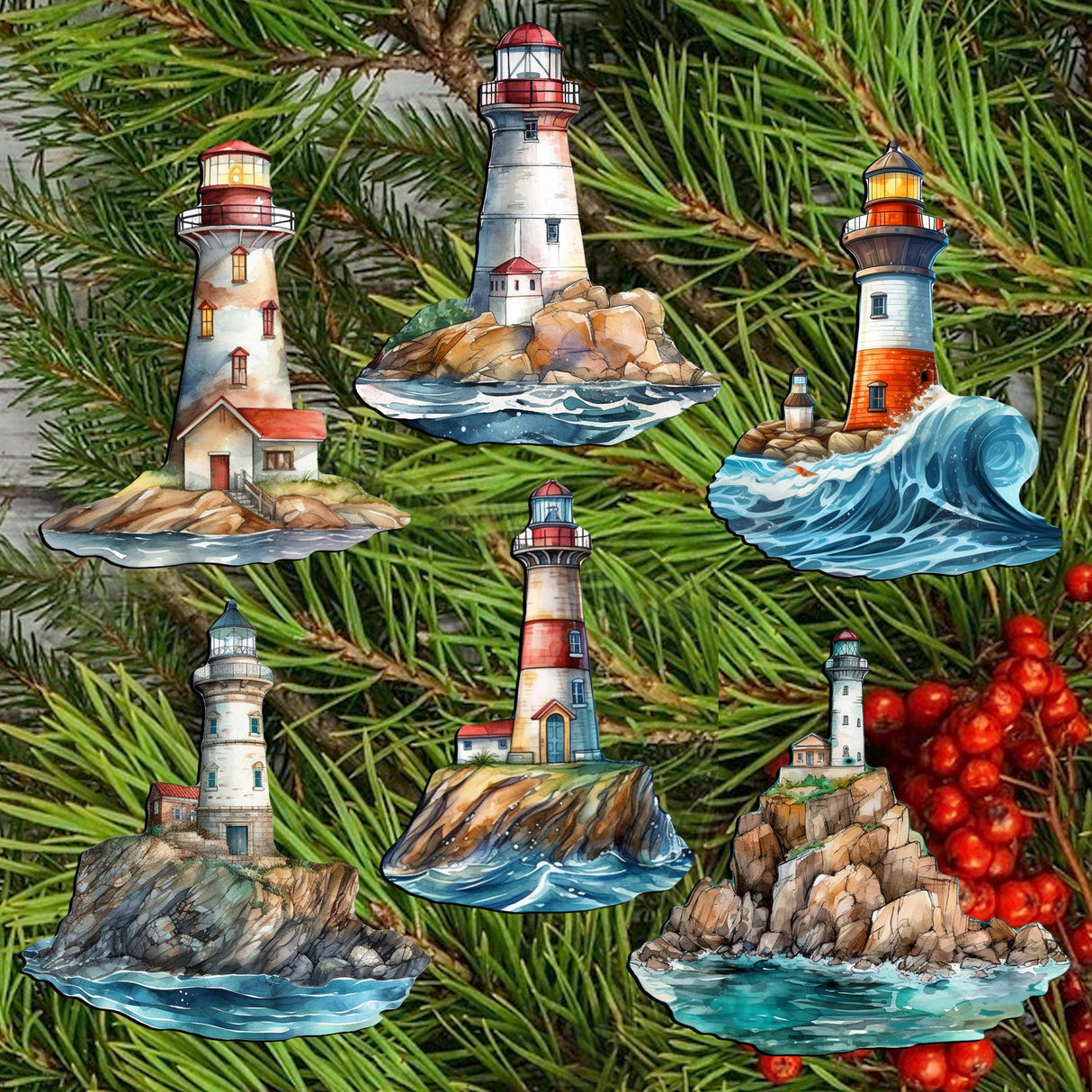 Lighthouse Decorative Wooden Clip-on Ornaments Set of 6 by G. Debrekht - Coastal Decor - 8090022C-S6
