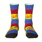 1 Pair of Vibrant Geometric-Patterned Mens Crew Socks - Breathable, Comfy, Casual, Unisex for Outdoor Wearing All Seasons - Soft Polyester Knit Fabric, Novelty Design for Fashion-Forward Guys