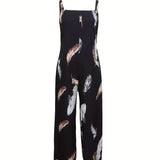 Women's Feather Print Ruffle Hem Pleated Fashionable Jumpsuit - Lootquake