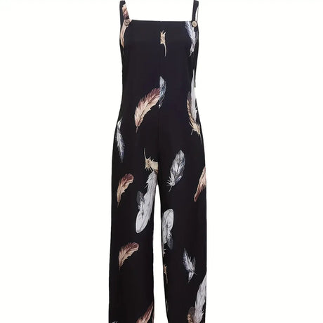 Women's Feather Print Ruffle Hem Pleated Fashionable Jumpsuit - Lootquake