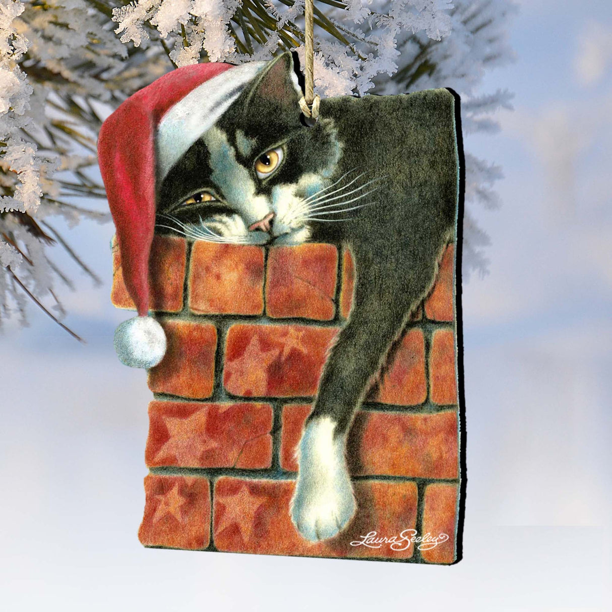 Adornos de madera de Papá Noel con el gato Peeking Tom - Adorno para árbol de Laura Seeley - Decoración para perros y gatos - 8512062-LS