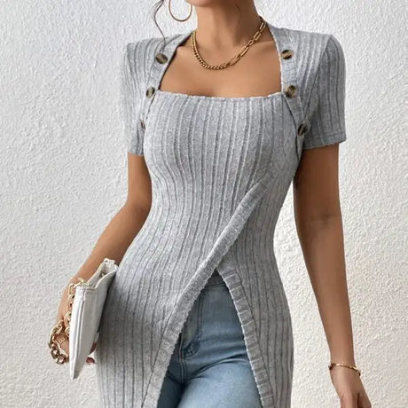 Ladies' Versatile Solid Color Elegant Style Square Neck Button Detail Wrapped Edge Slit Long T-shirt Top - Lootquake