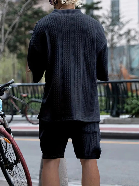 2pcs Men's Jacquard Solid Short Sleeve V Neck Shirt & Matching Drawstring Shorts Set, Summer Leisure Clothing - Lootquake