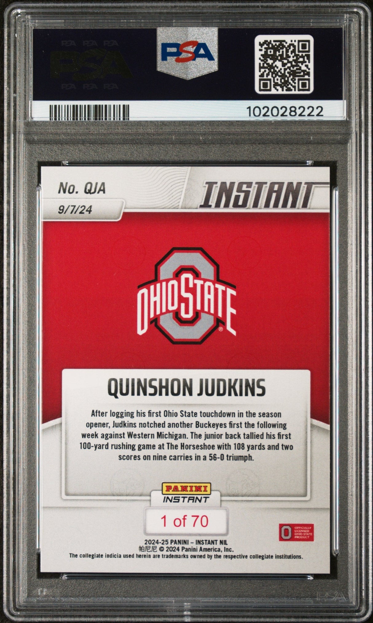 Tarjeta de fútbol RC Quinshon Judkins #QJA Rookie de Panini Instant NIL 2024 PSA 9 Mint