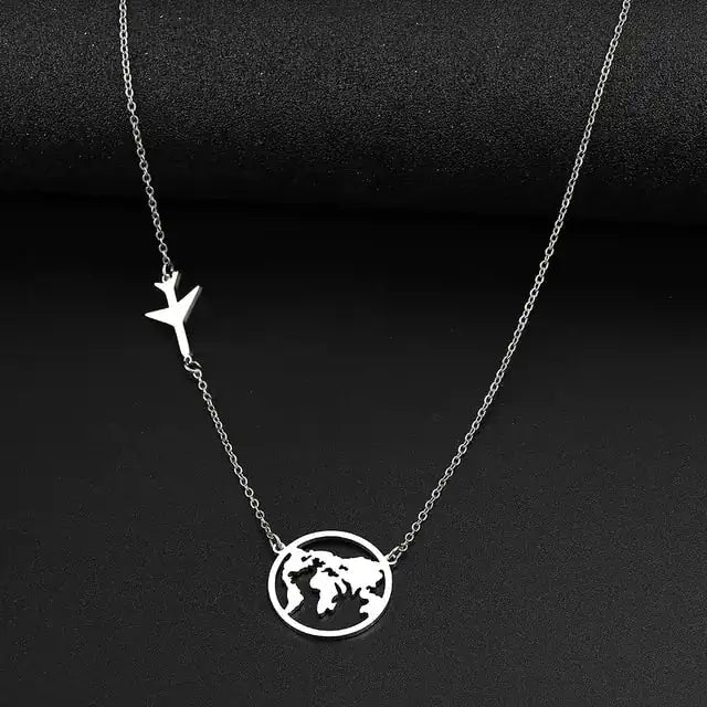Stainless Steel Necklaces Airplane Globe Map Traveler Pendants Fashion - Lootquake