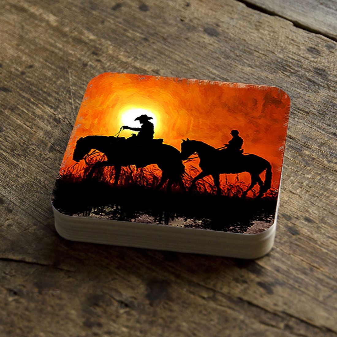 Cowboy Sunset Ride Wooden Cork Coasters Gift Set of 4 by Nature Wonders - Nature Wildlife Decor  - 95230C-S4