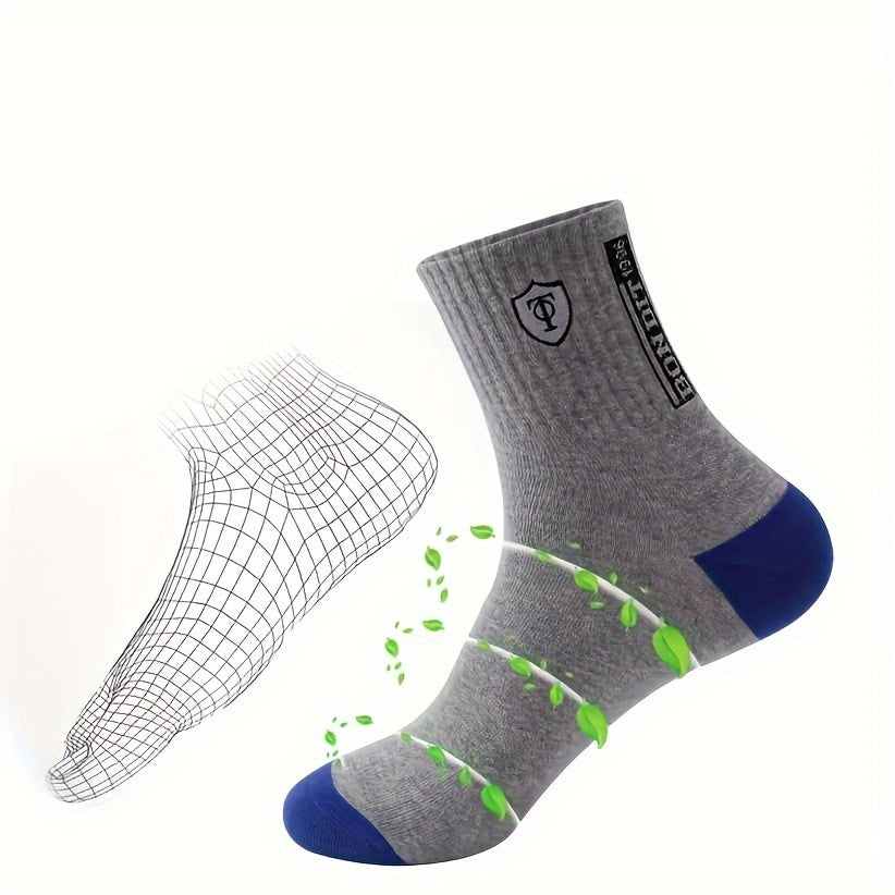 5/10 Pairs of Men's Color Block Crew Socks - Warm, Thermal, Breathable, Comfy, Casual, Unisex, Outdoor, Winter, Fall Wearing Essentials
