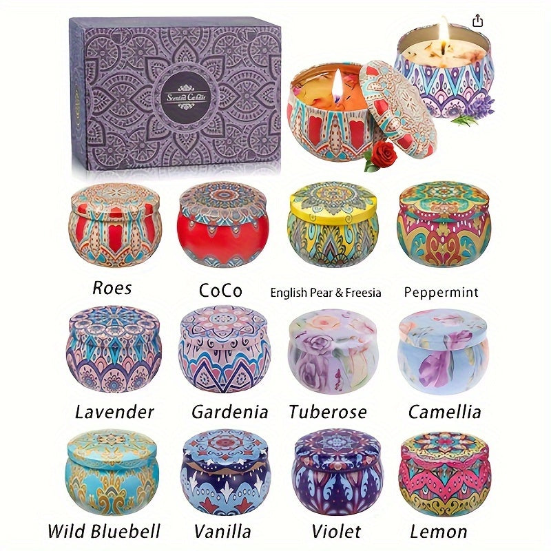 Set Of 12 Scented Candle Boxes (aroma: Rose, Co Co, Freesia, Peppermint, Lavender, Gardenia, Tuberose, Camellia, Wild Bluebell, Vanilla, Violet, Lemon ) With Random Jar Colors, Candles For Stress Relief, Relaxation, Bathing,