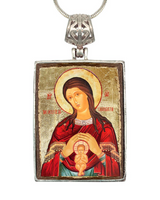 Blessed Virgin Mary Lifegiving Religious Jewelry Silver Plated Necklace, Gold-Plated Wooden Cabochon - Christian Icon - Inspirational Icon Decor - 43017R