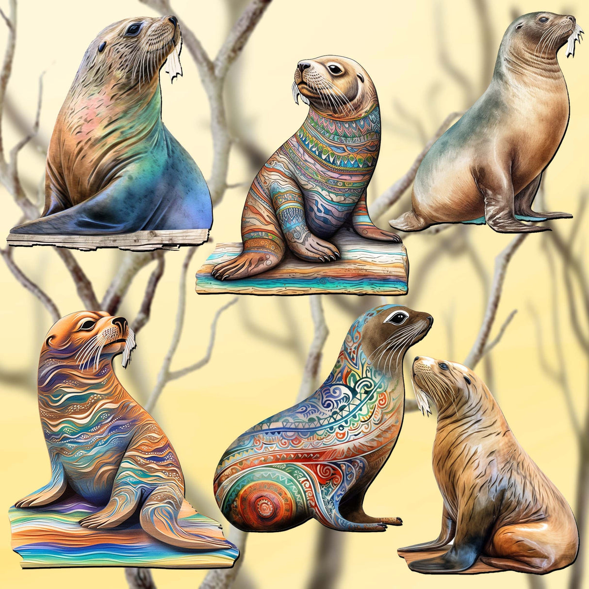 Magic Sea Lions Decorative Wooden Clip-on Ornaments Set of 6 by G. Debrekht - Wildlife Decor - 8090112C-S6
