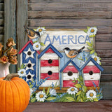 Front Door Patriotic Decoration American Red and White Birdhouse Welcome Sign - Handmade Gift Rustic Adornment by Susan Winget for Wooden Front Porch Decor - 8471213H-SW
