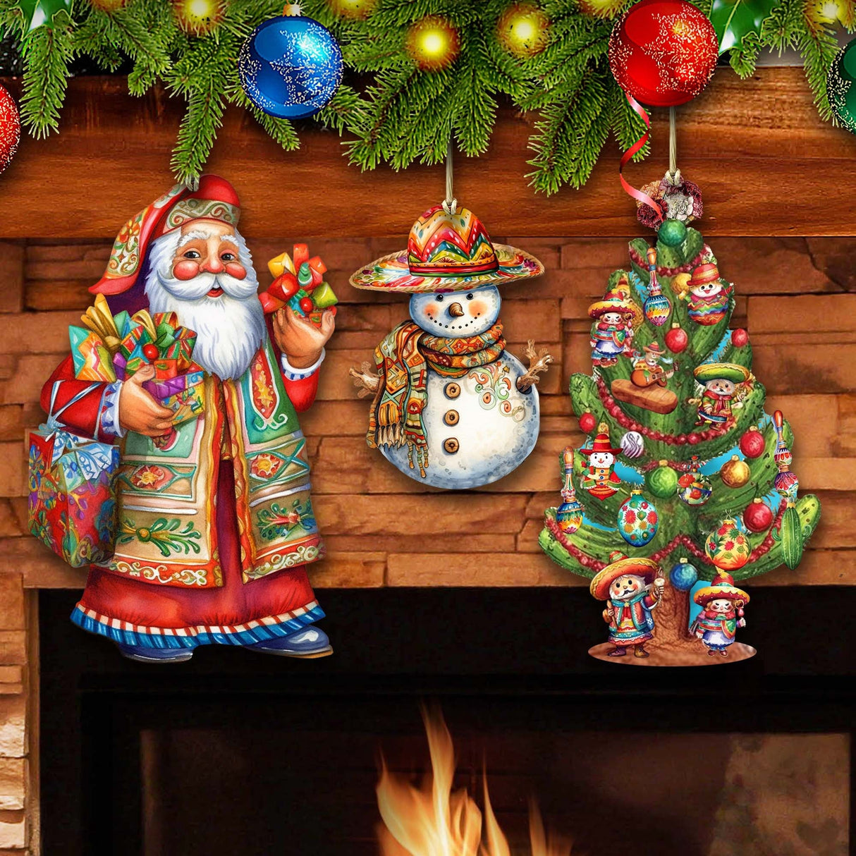 Santas Around the World - Mexican Inspired Santa - Wooden Ornaments Set of 3 by G. DeBrekht Christmas Santa Snowman Decor - 8091308S3