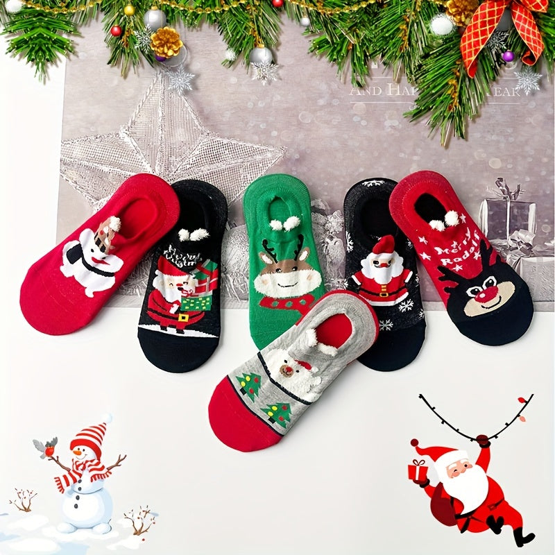 6 pares de calcetines navideños con estampado de dibujos animados, suaves y cómodos, de corte bajo, para mujer.