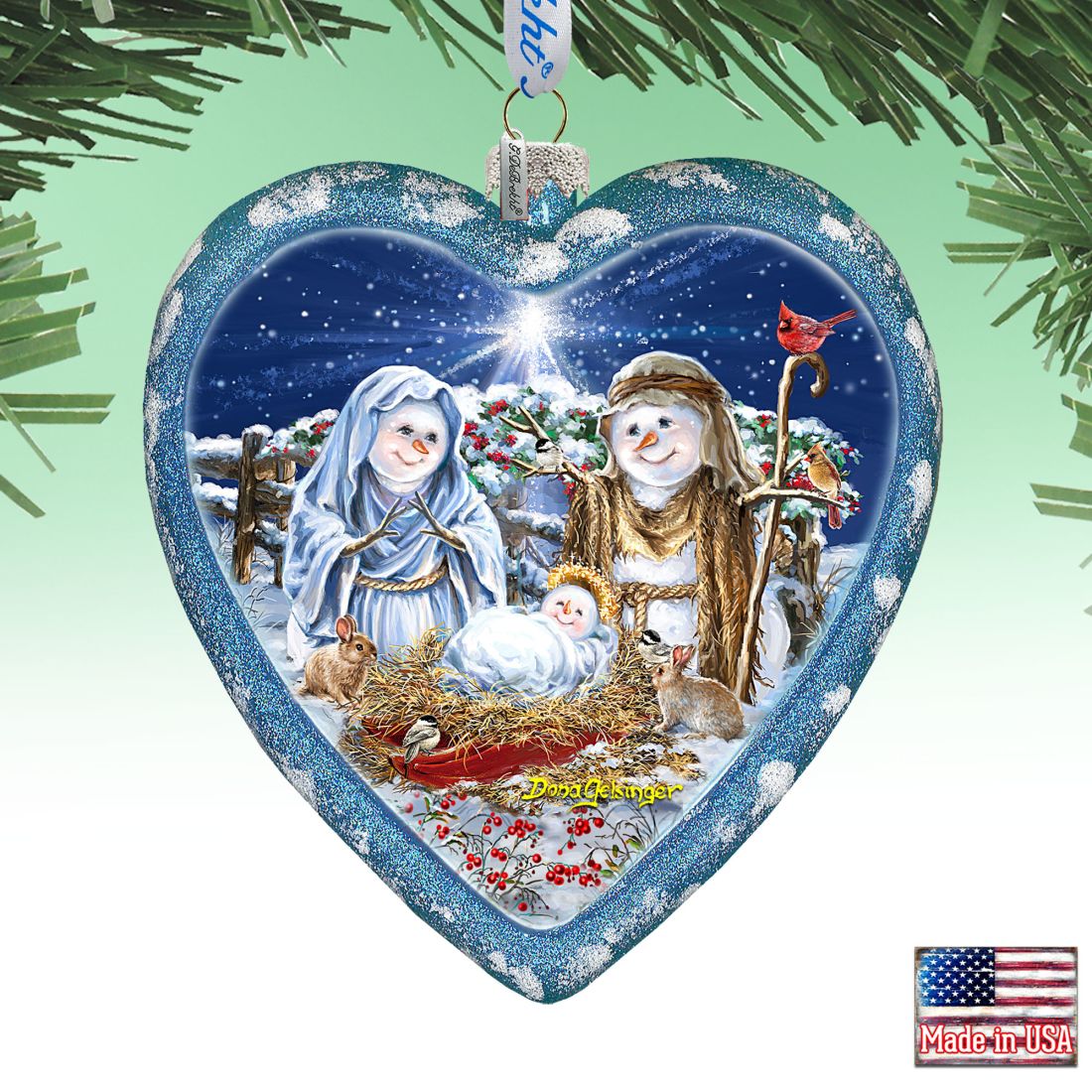 Adorno navideño de cristal con forma de corazón de la Natividad de Snow Family, edición limitada, de D. Gelsinger - Decoración navideña - 738-102-DG