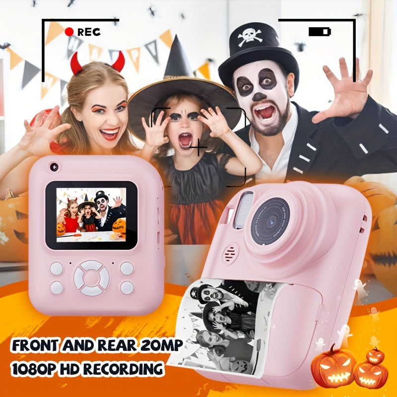 Appareil photo numérique à impression instantanée 48 MP - Mini appareil photo compact d'extérieur avec flash, Full HD 1080p, imprimante photo de dessins animés et papier d'impression pour Halloween, Noël et Thanksgiving