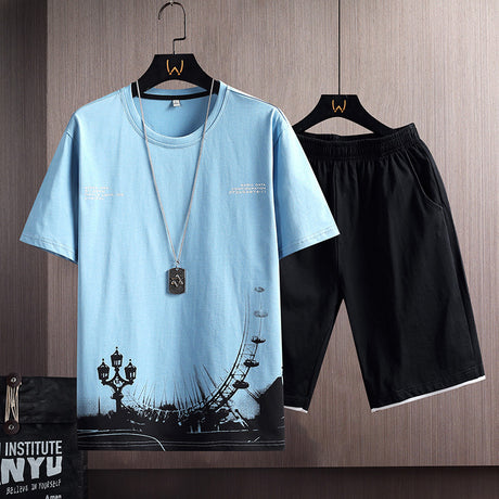 New Cotton Men's Casual Sports Loose Shorts Round Neck T-shirt Suit - Lootquake