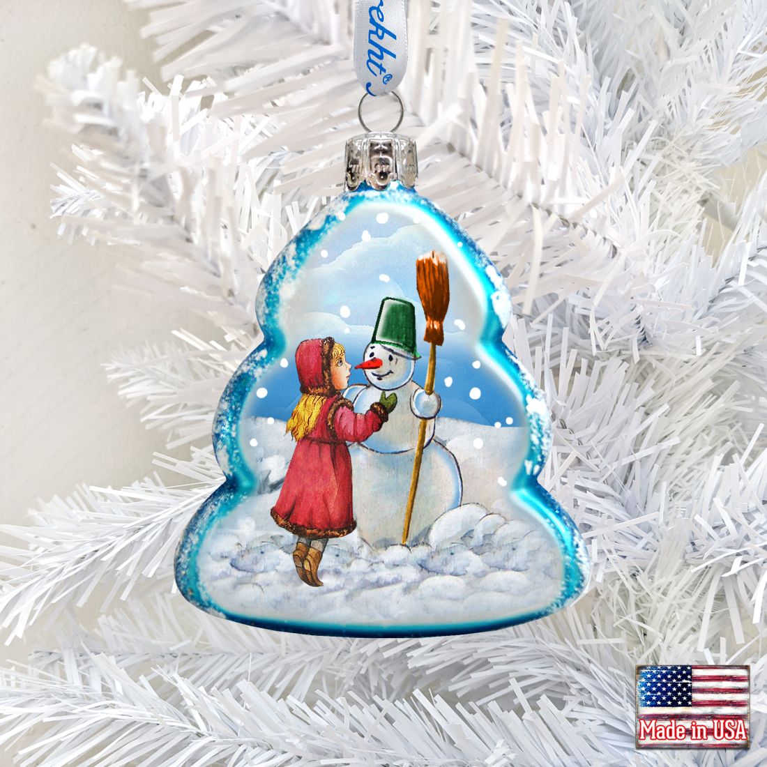 Adorno de vidrio de mercurio con forma de muñeco de nieve jugando de G. DeBrekht - Decoración navideña con muñeco de nieve de Papá Noel - 777386