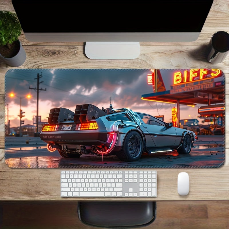 Ultra-Sleek Silvery Sports Car Design Large Gaming Mouse Pad - Extended, Thick, Non-Slip Rubber Desk Mat With Precision Stitched Edges - Washable & Durable