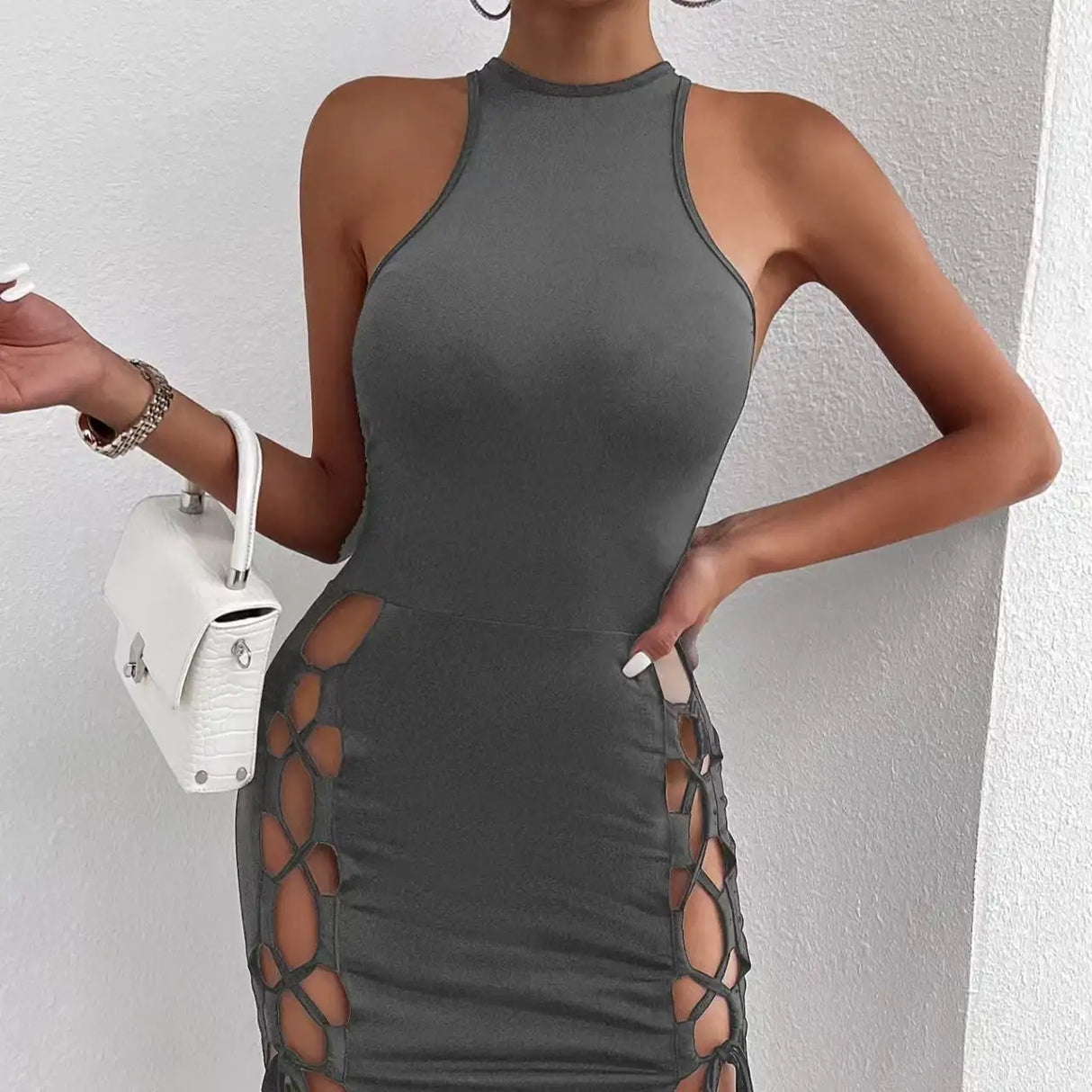 Women's Solid Color Sleeveless Skirt With Slit And Cross Tie, Sexy Tight Fitting Hip Hugging Dress, Short Skirt - Lootquake