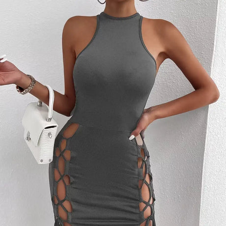 Women's Solid Color Sleeveless Skirt With Slit And Cross Tie, Sexy Tight Fitting Hip Hugging Dress, Short Skirt - Lootquake