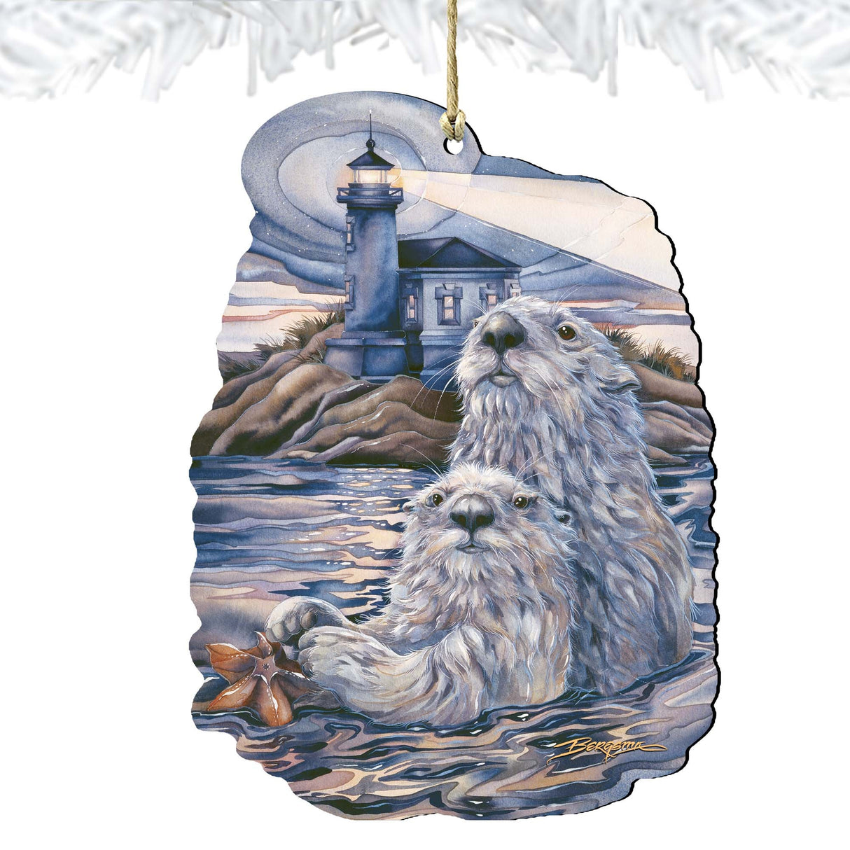 Starlight Otter Lighthouse Wooden Ornaments by J. Bergsma - Coastal Sea-Life Decor - 8591572-JB