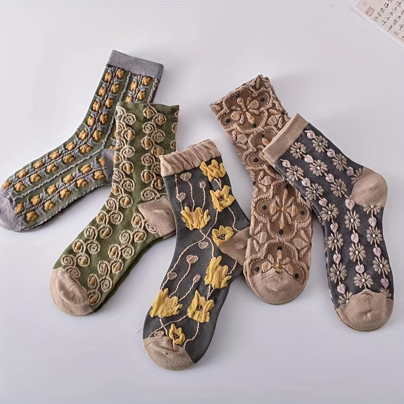 5 Pairs of Ultra-Soft Floral Pattern Womens Mid Tube Socks - Moisture-Wicking, Fashionable & Comfortable - Assorted Designs for Everyday Wear - Stockings & Hosiery Collection