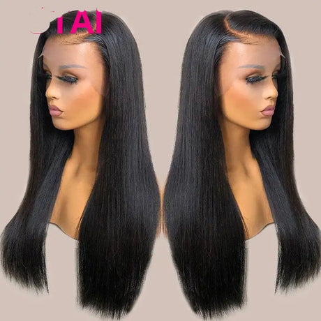 Real Human Hair Lace Wig Set Straight Hair Black Medium Length - Lootquake