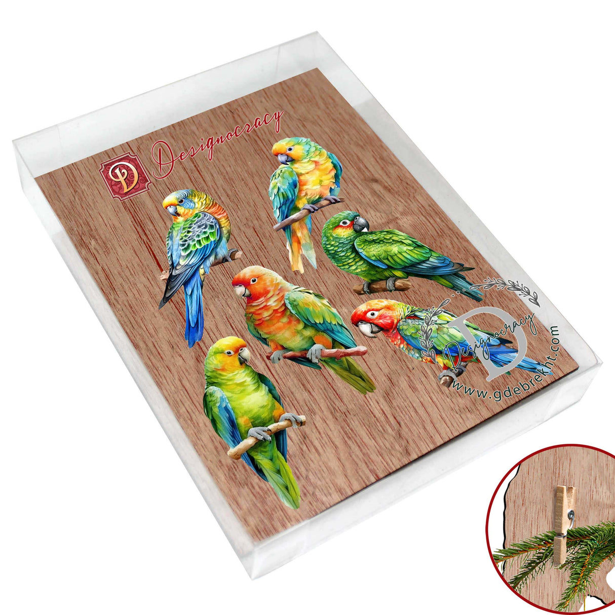 Adornos decorativos de madera con forma de loros, con clip (6 unidades), de G. Debrekht - Decoración navideña - 8090013C-S6