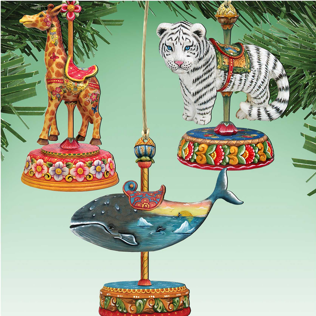 Carousel Wooden Ornaments: Tiger, Whale, Giraffe - Christmas Decor - 81000892S3