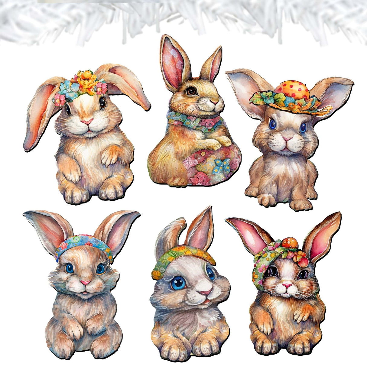Easter Bunnies Decorative Wooden Clip-on Ornaments Set of 6 by G. Debrekht - Easter Decor - 8090042C-S6