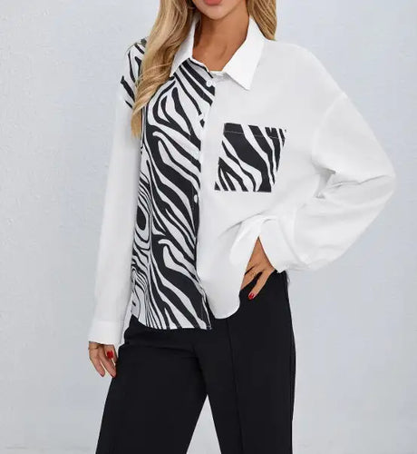 Ladies' Collar Print Button Chest Pocket Fashionable Shirt - Lootquake