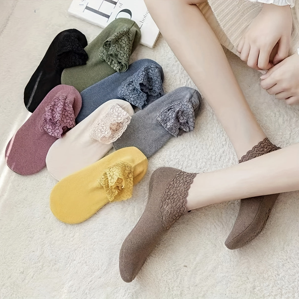 8 pares de calcetines de encaje en contraste, suaves, cómodos y antideslizantes hasta el tobillo, medias y calcetería para mujer.