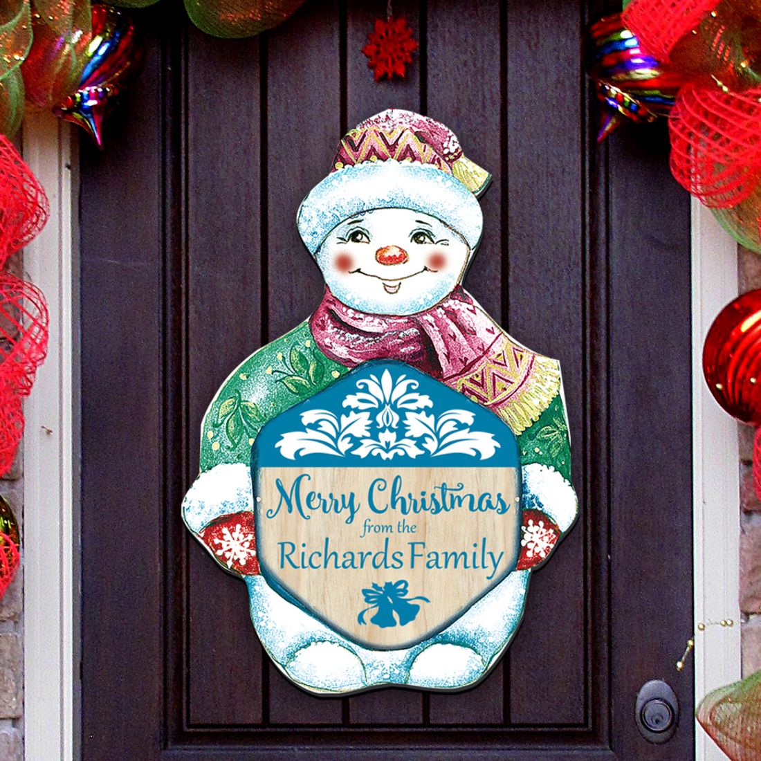 Merry Christmas Snowman Door Decor Family Name by G. DeBrekht - Christmas Santa Snowman Decor - 8116010H
