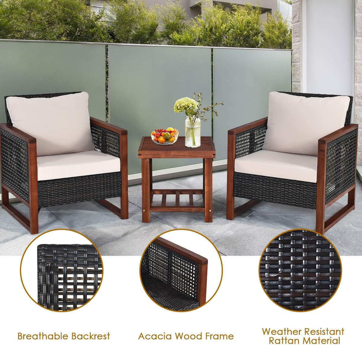 Juego de 3 muebles de exterior para patio, sillas de mimbre con mesa de centro, muebles de porche y balcón, conjunto de bistró con estructura de madera y cojines lavables para jardín, piscina y patio.