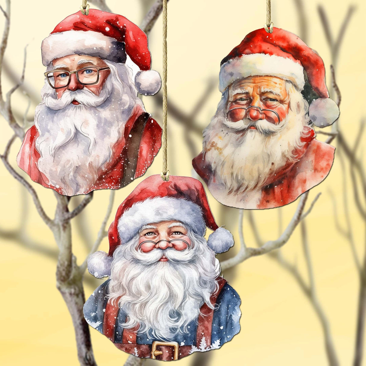 Jolly Santa Faces Decorative Wooden Ornaments Set of 3 by G. Debrekht - Christmas Decor - 8091045-S3