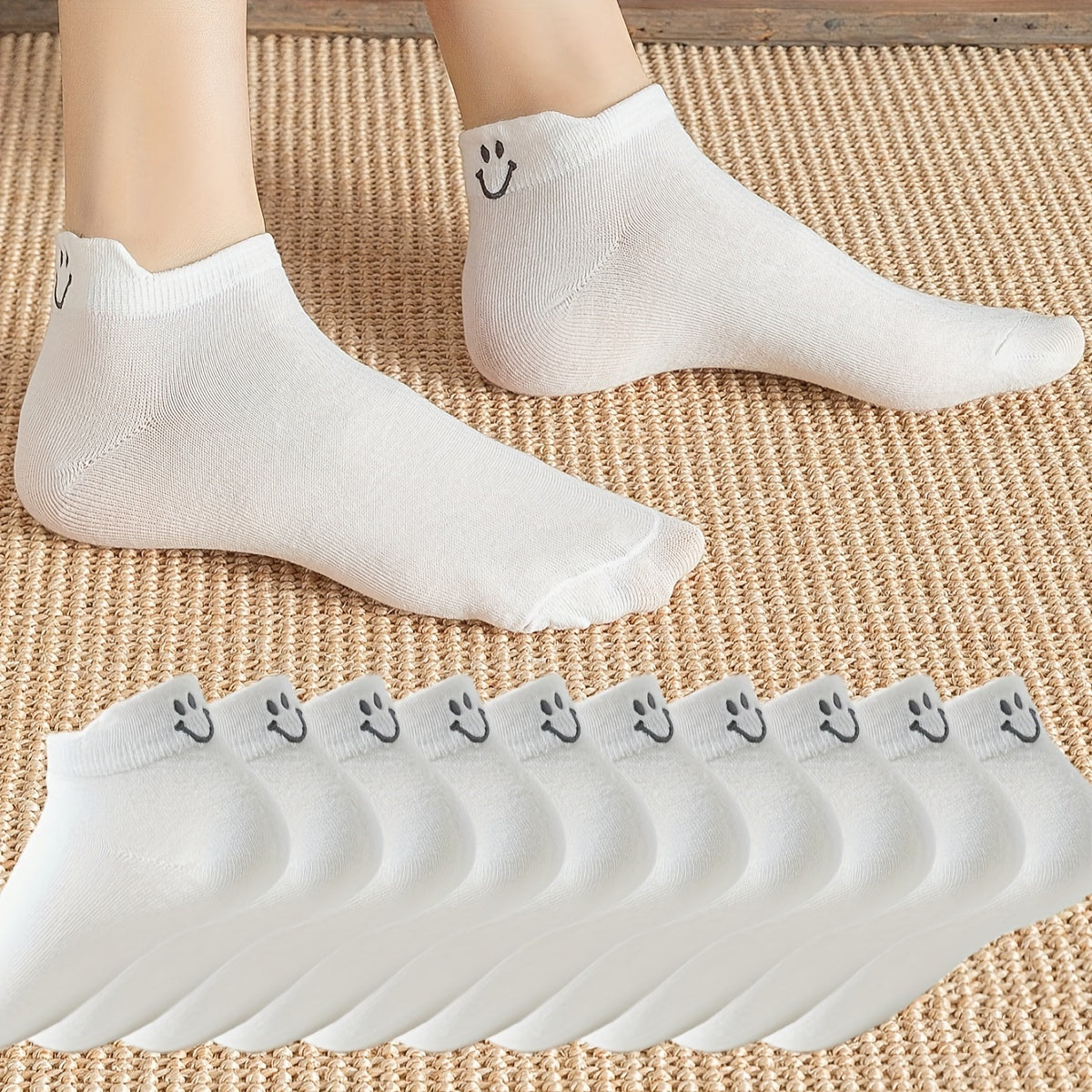 10 Pairs Smiling Face Embroidered Socks, Casual & Breathable Unisex Low Cut Ankle Socks, Women's Stockings & Hosiery